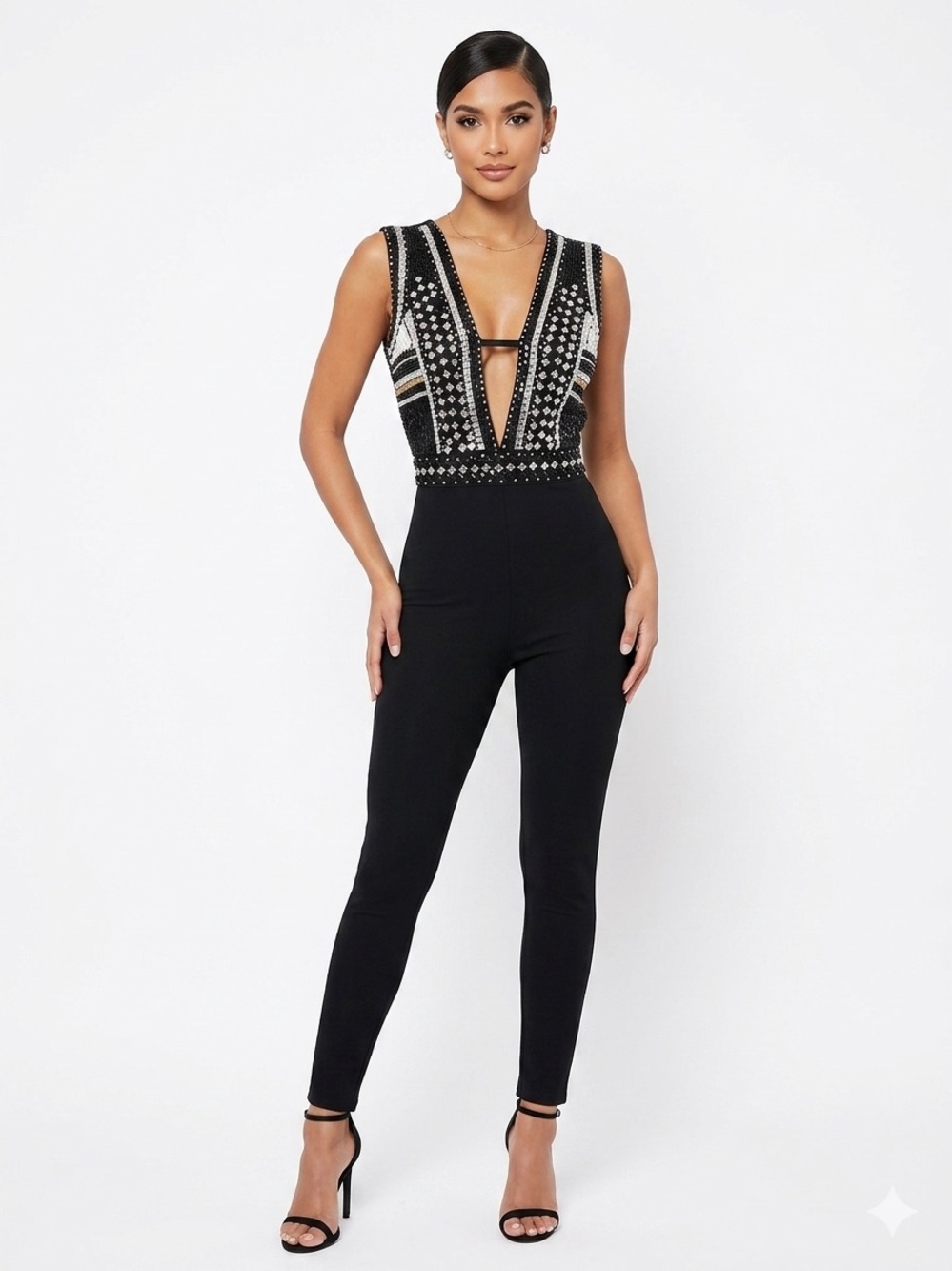 Herve Leger Embellished Deep V Geometric Bandage Jumpsuit Catsuit Black Medium